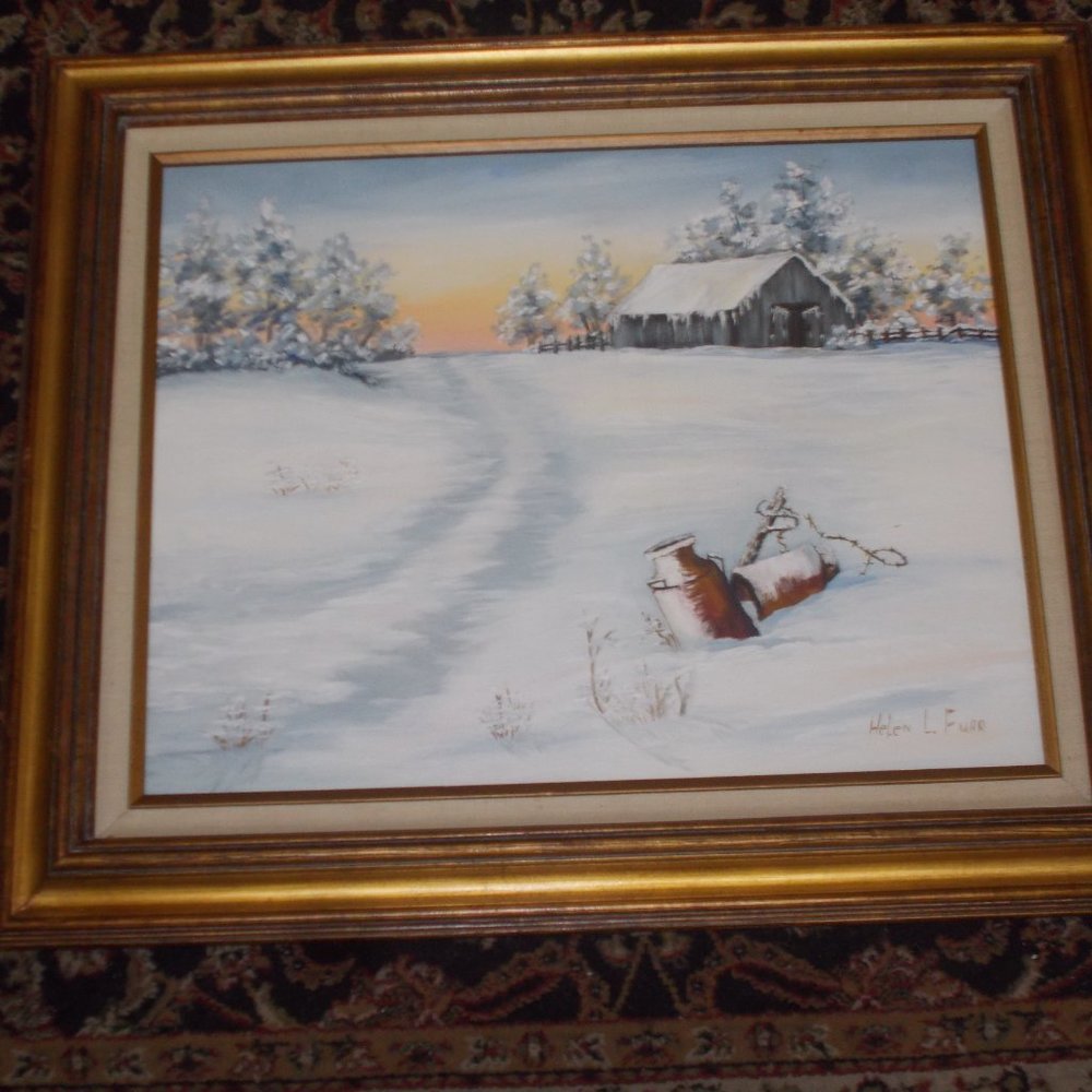 Vintage Snow Scene oil painting in wood frame - Picture 2 of 4